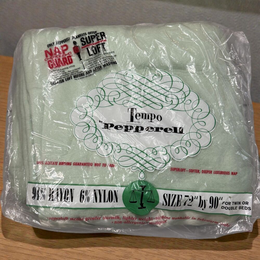 Vintage Tempo Pepperell Blanket 72 x 90 Nap Guard 94% Rayon 6% Acrylic Soft NOS